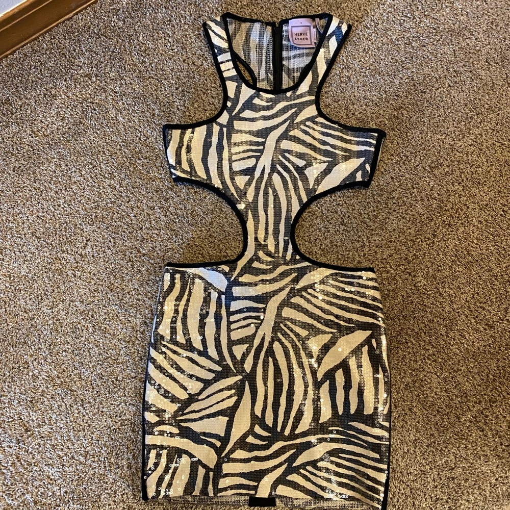 Herve Leger Black and Cream Backless Dress